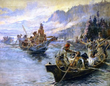 アメリカインディアン Painting - ロウワーコロンビアのルイスとクラーク 1905年 チャールズ・マリオン・ラッセル アメリカ・インディアン